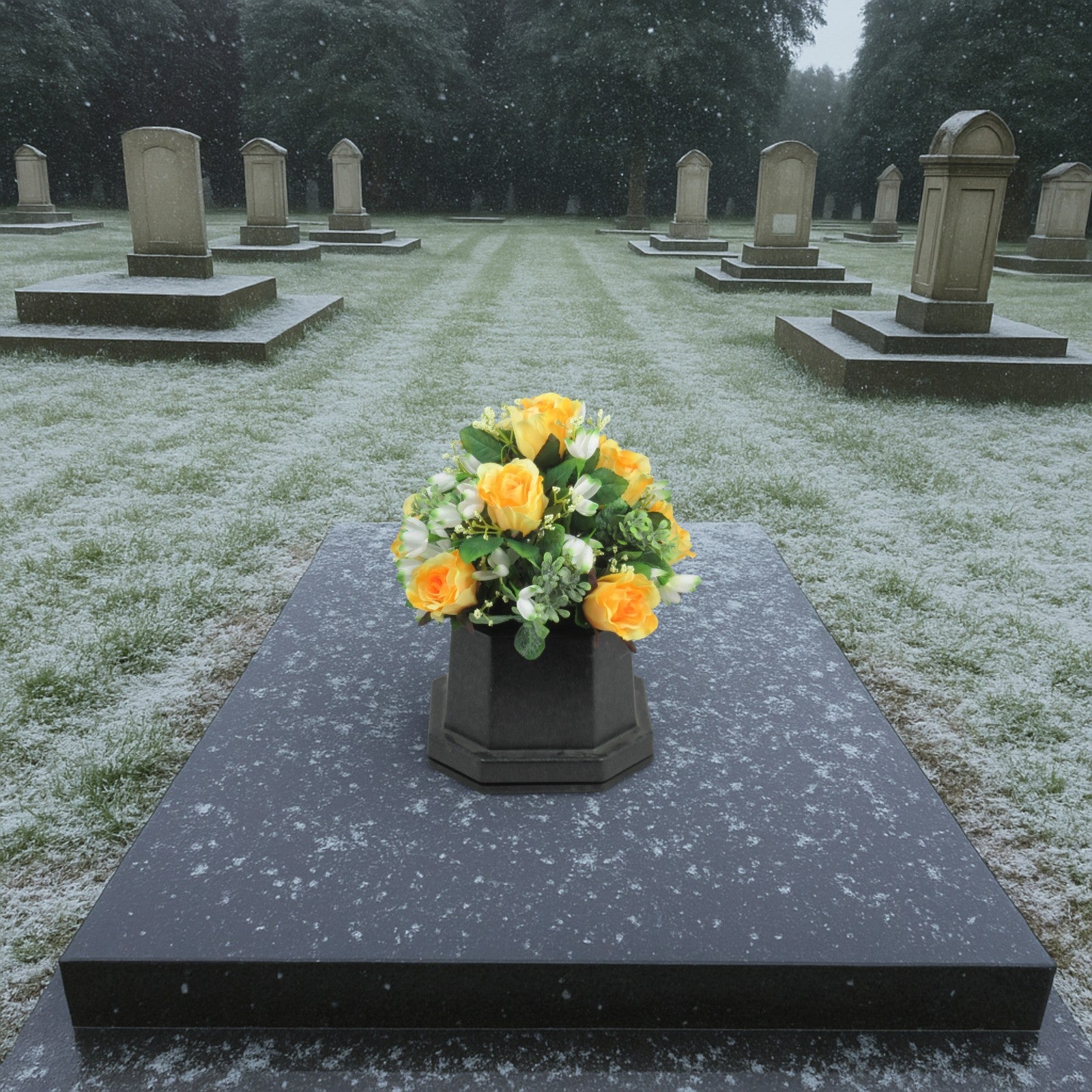 Artificial Grave Flower Arrangement in Pot Snowdrops Roses 25cm Long Lasting