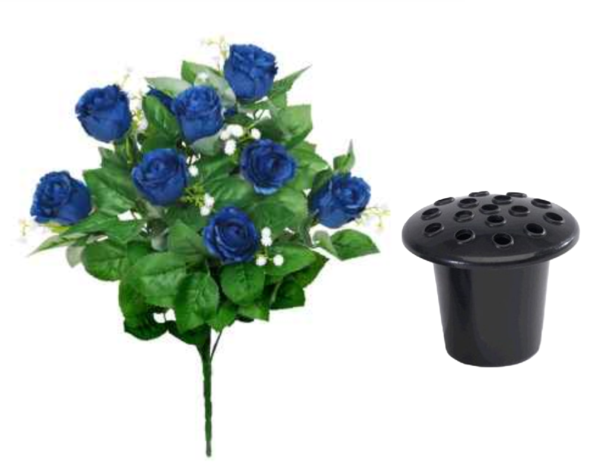 Royal blue artificial rosebud bouquet with green foliage and black gravepot