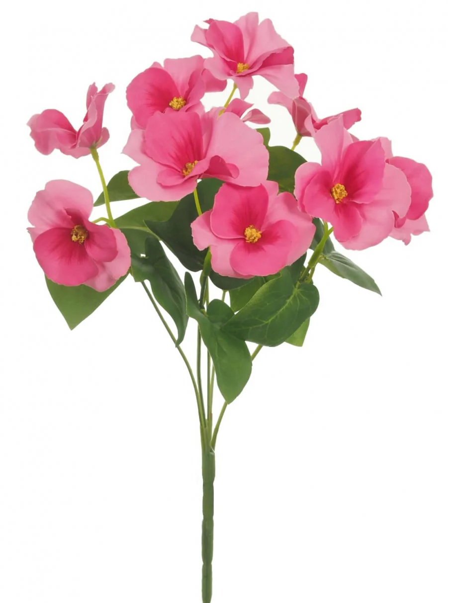 Artificial silk pansy bunch with pink blossoms and green leaves