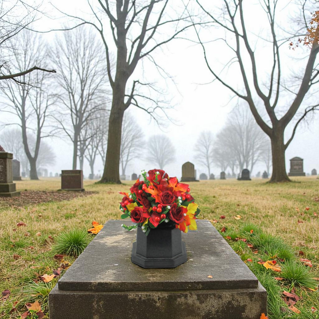 Autumn artificial flowers in black pot with red roses, red berries, and yellow-orange leaves on a grave