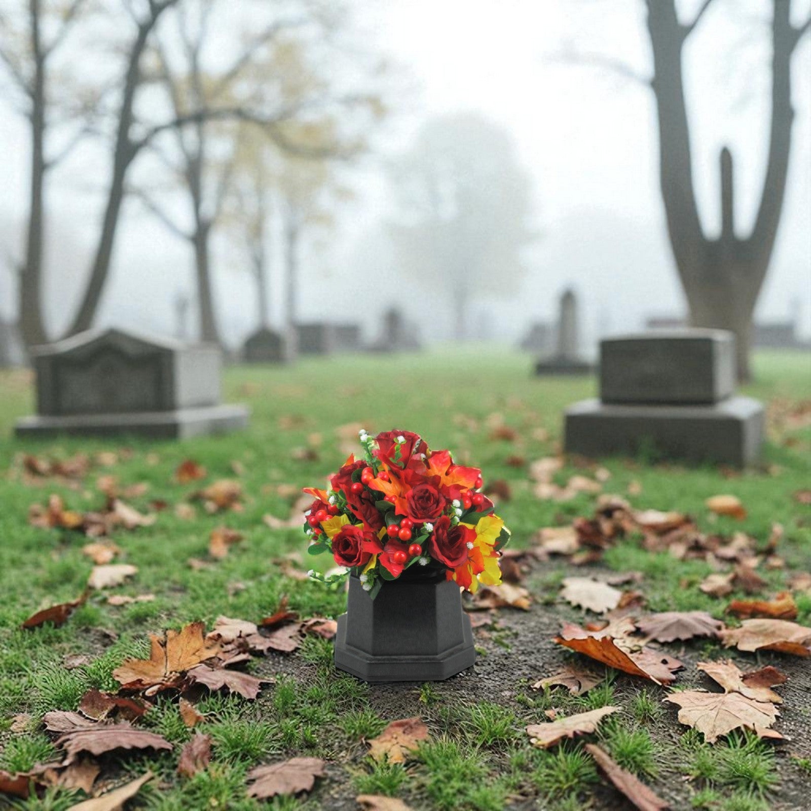 Artificial autumn memorial arrangement in black pot with red roses, red berries, and autumn leaves