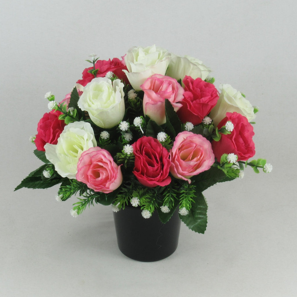 Pink, ivory and red artificial rosebuds memorial grave arrangement in black vase