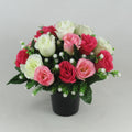 Pink, ivory and red artificial rosebuds memorial grave arrangement in black vase