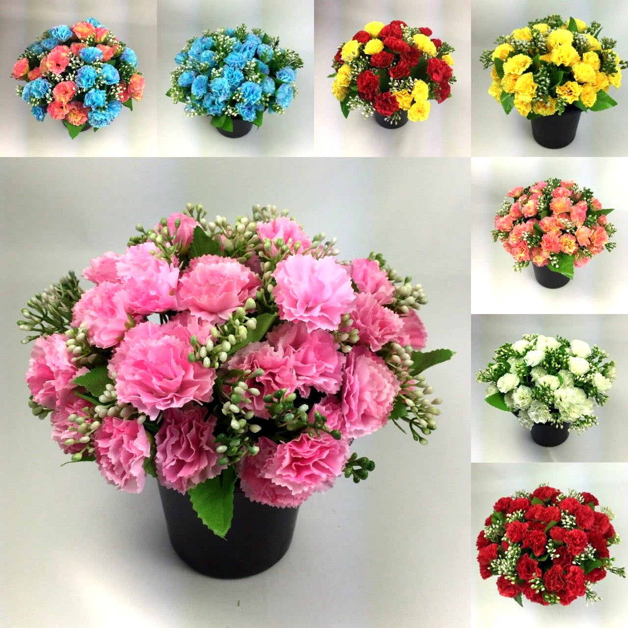 Artificial mini-carnation memorial grave flower pot, pink carnation blooms in dark pot