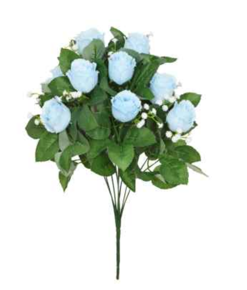 Artificial rosebud bouquet in pale blue with green leaves and small white gypsophila