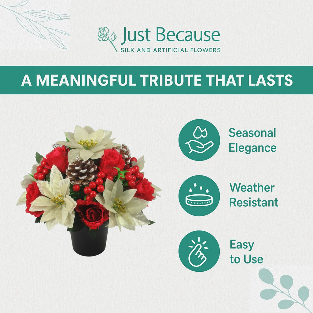 Christmas grave flower arrangement - gold poinsettias, roses, pinecones 26cm