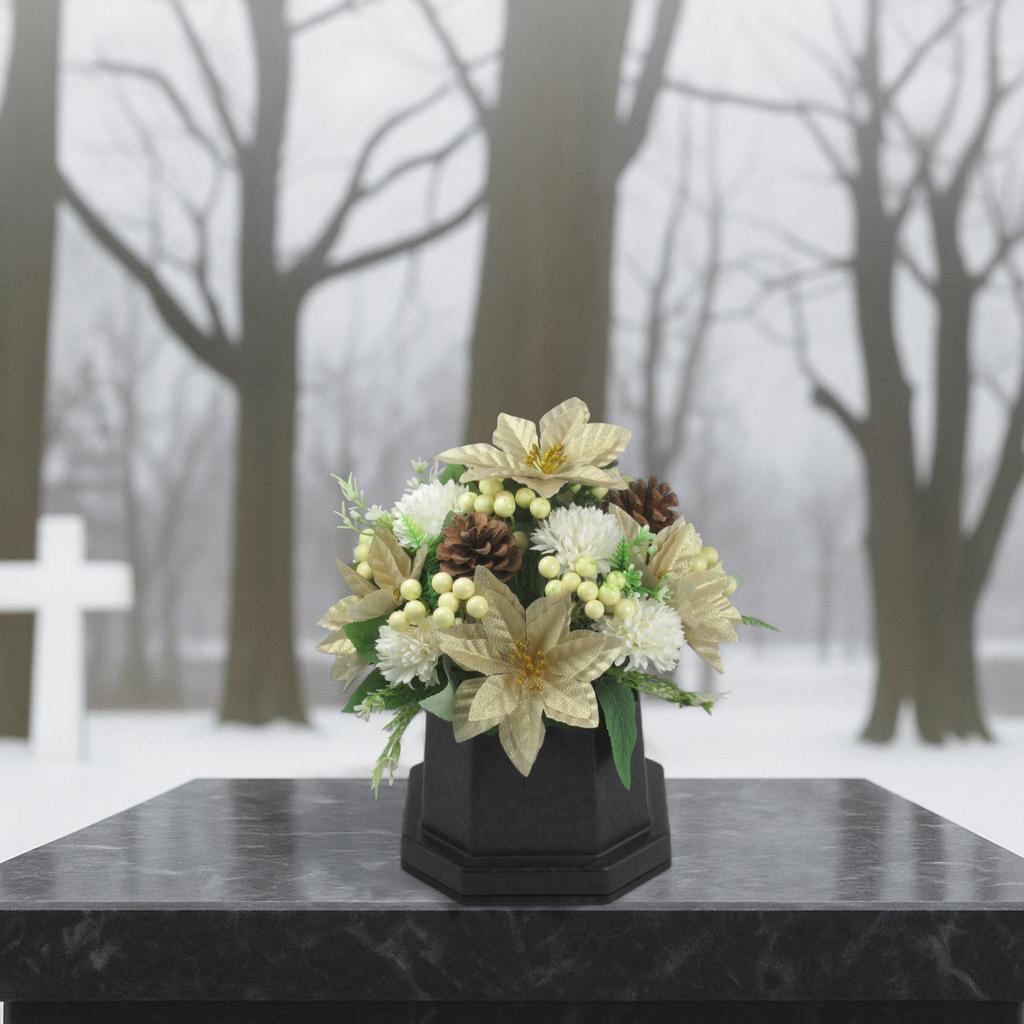 Christmas grave flower arrangement 25cm gold poinsettia snowball chrysanthemum
