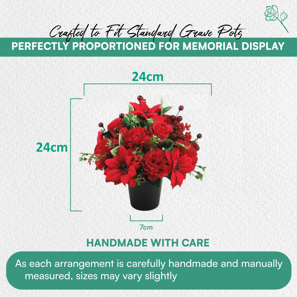 Christmas grave flower arrangement - red poinsettias, rose, carnations 24cm