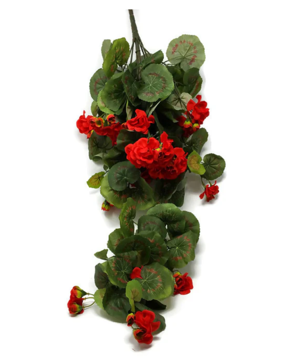 Artificial trailing geranium hanging basket with trailing stems and red blossoms, one bush