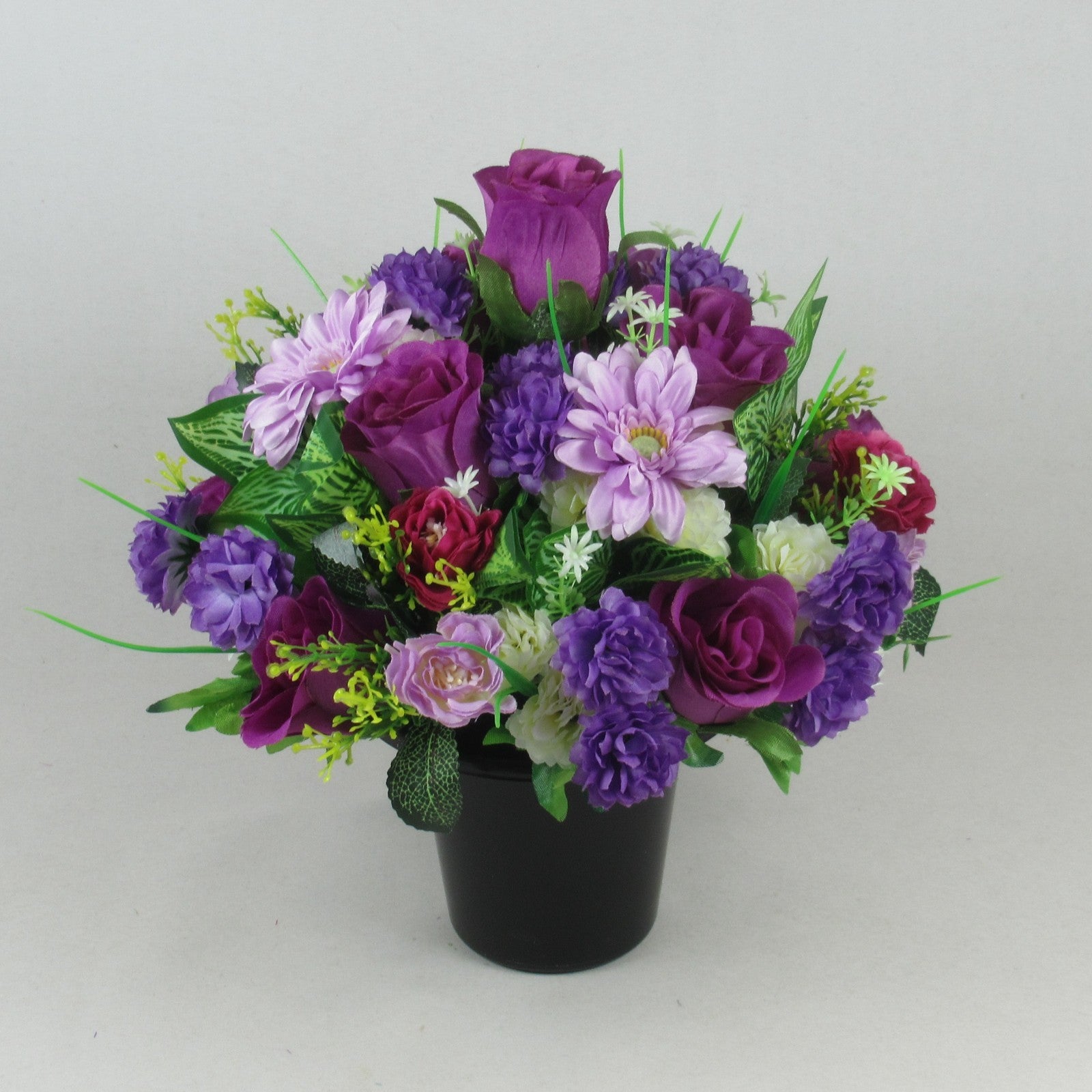 Artificial Grave Flower Arrangement in Pot Purple Lilac 26cm Long Lasting