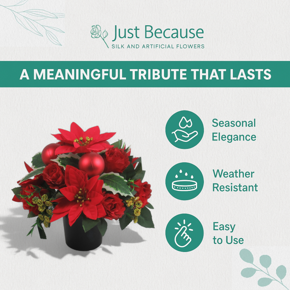 Christmas grave flower arrangement - red poinsettias, baubles 25cm