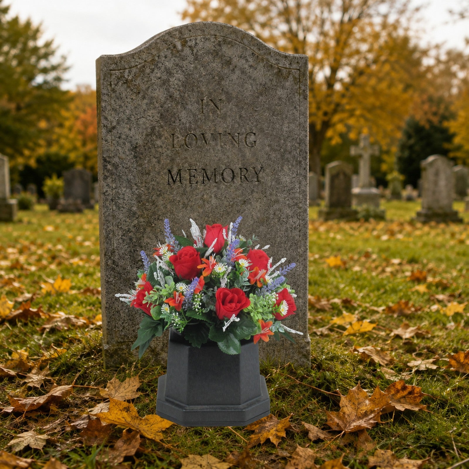Autumn Artificial Grave Flower Arrangement with Roses Blossom 26cm Long Lasting