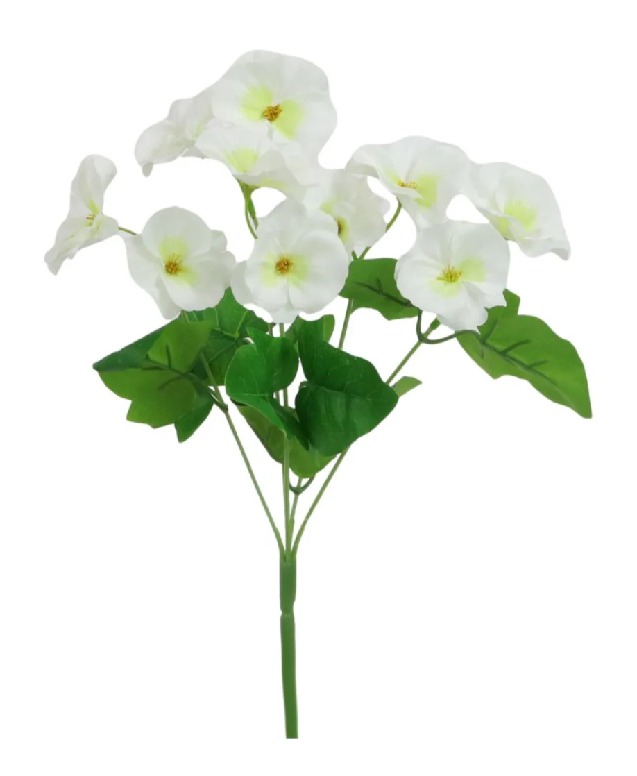 Artificial silk pansy bunch with cream-white blossoms and green leaves