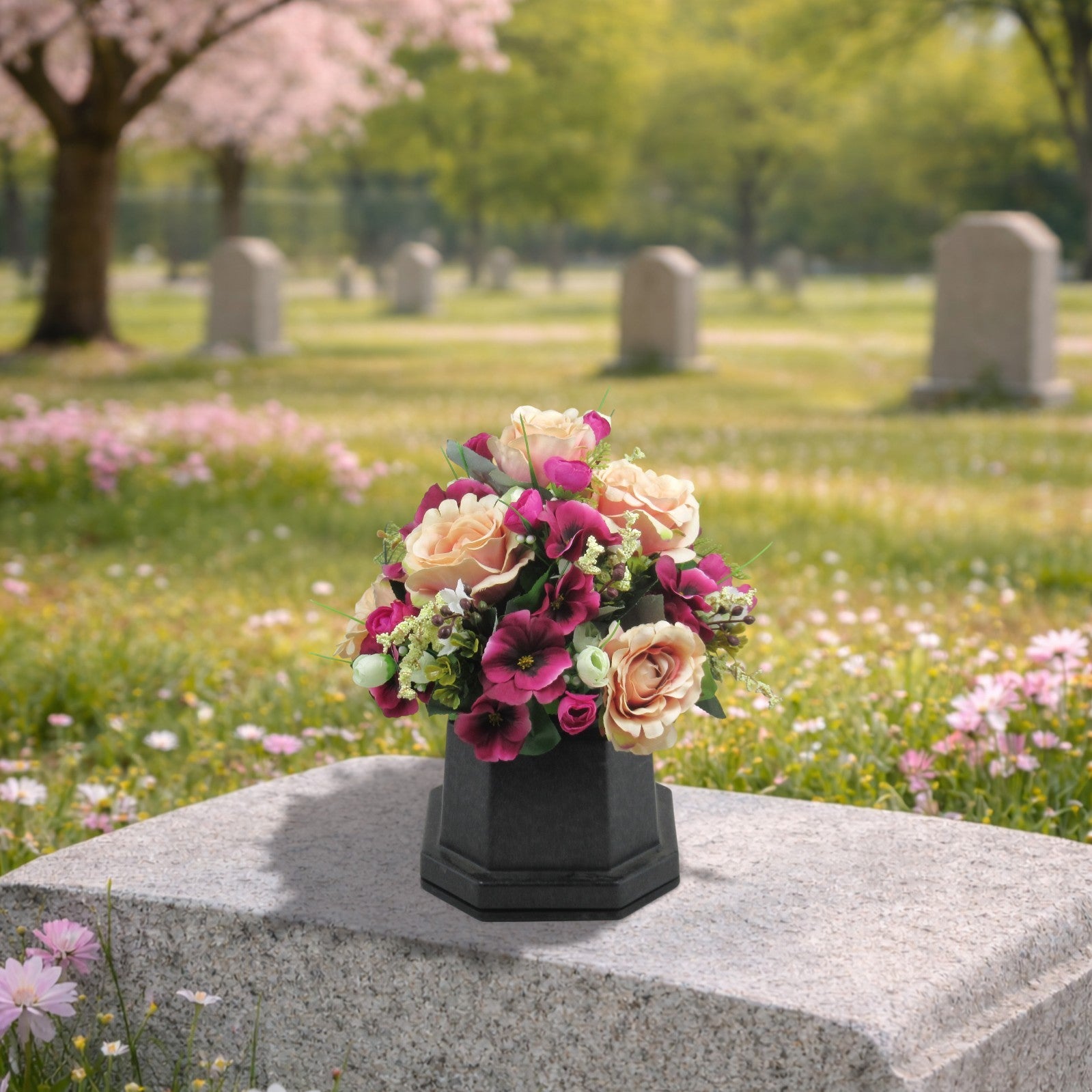 Artificial grave memorial flowers on gray headstone, cream and magenta blooms