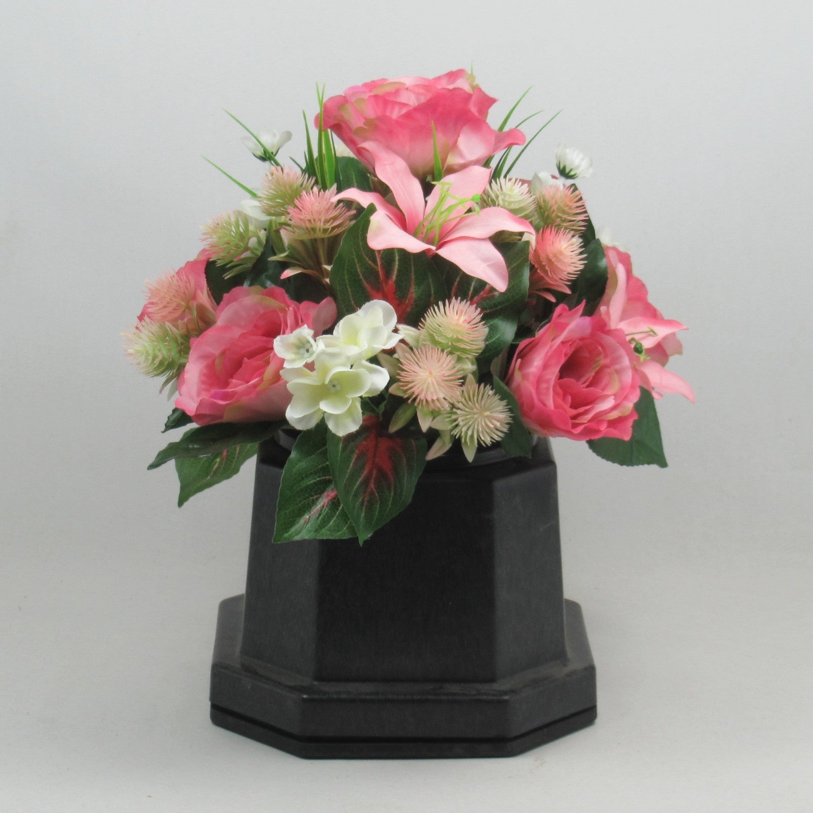 Artificial Grave Flower Arrangement in Pot Pink rose lily 26cm Long Lasting