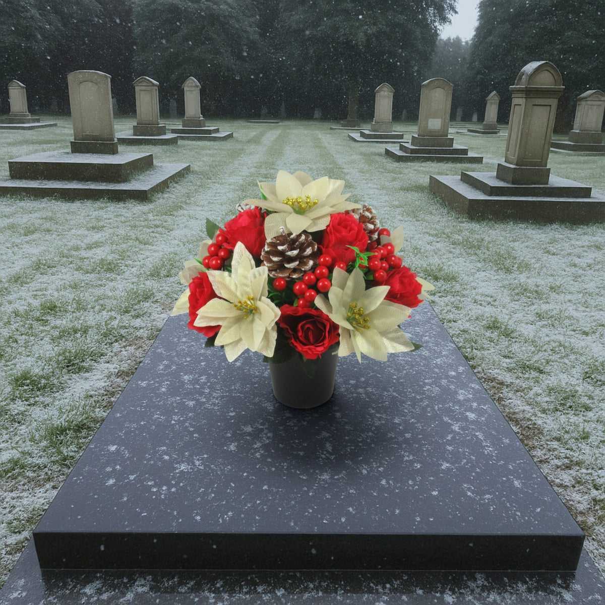 Christmas grave flower arrangement - gold poinsettias, roses, pinecones 26cm