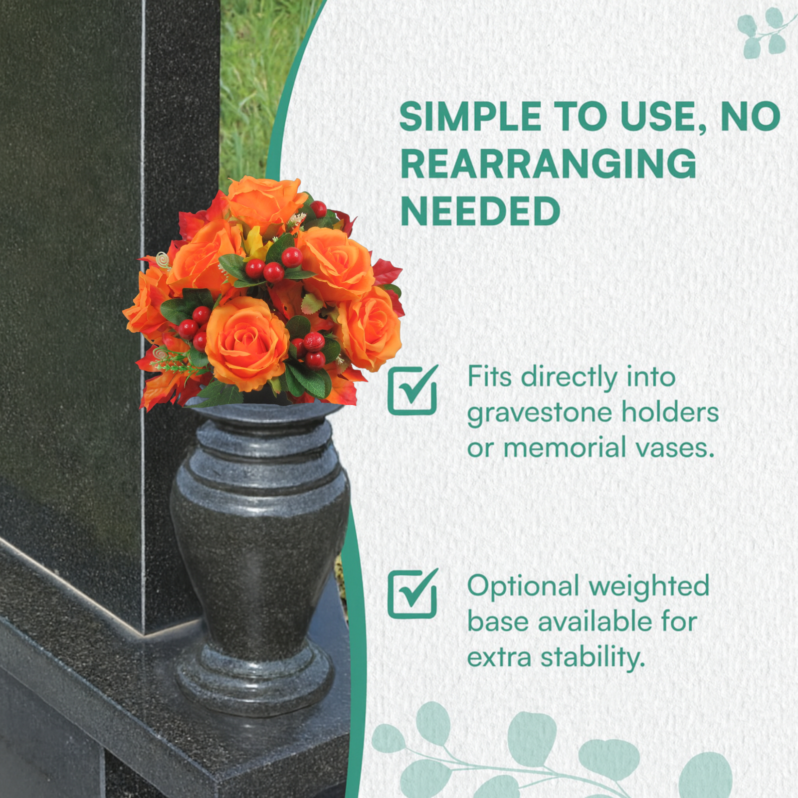 Orange rose memorial arrangement in dark vase holder with red berries, for gravestone display