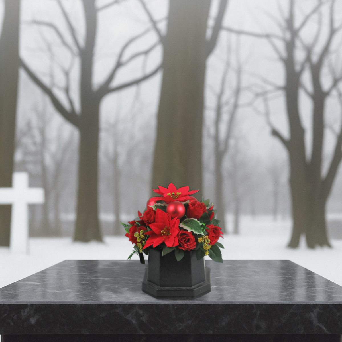 Christmas grave flower arrangement - red poinsettias, baubles 25cm