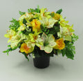 Artificial silk grave pot floral arrangement, yellow and white roses with greenery leaves