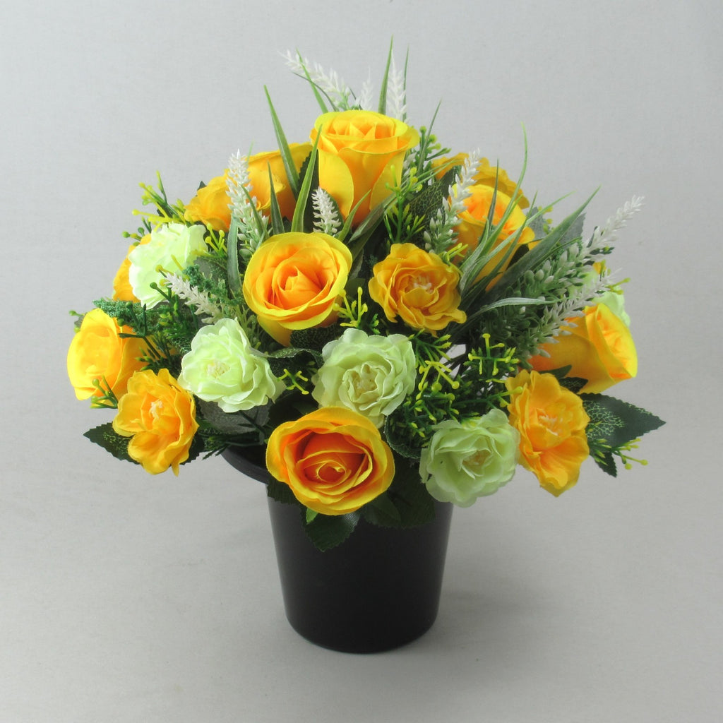 Artificial silk flowers memorial Grave arrangement Yellow Rosebuds Long Lasting