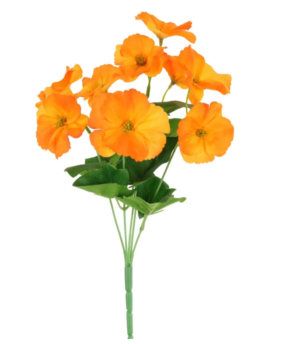 Artificial silk pansy bunch with bright orange blossoms and green leaves