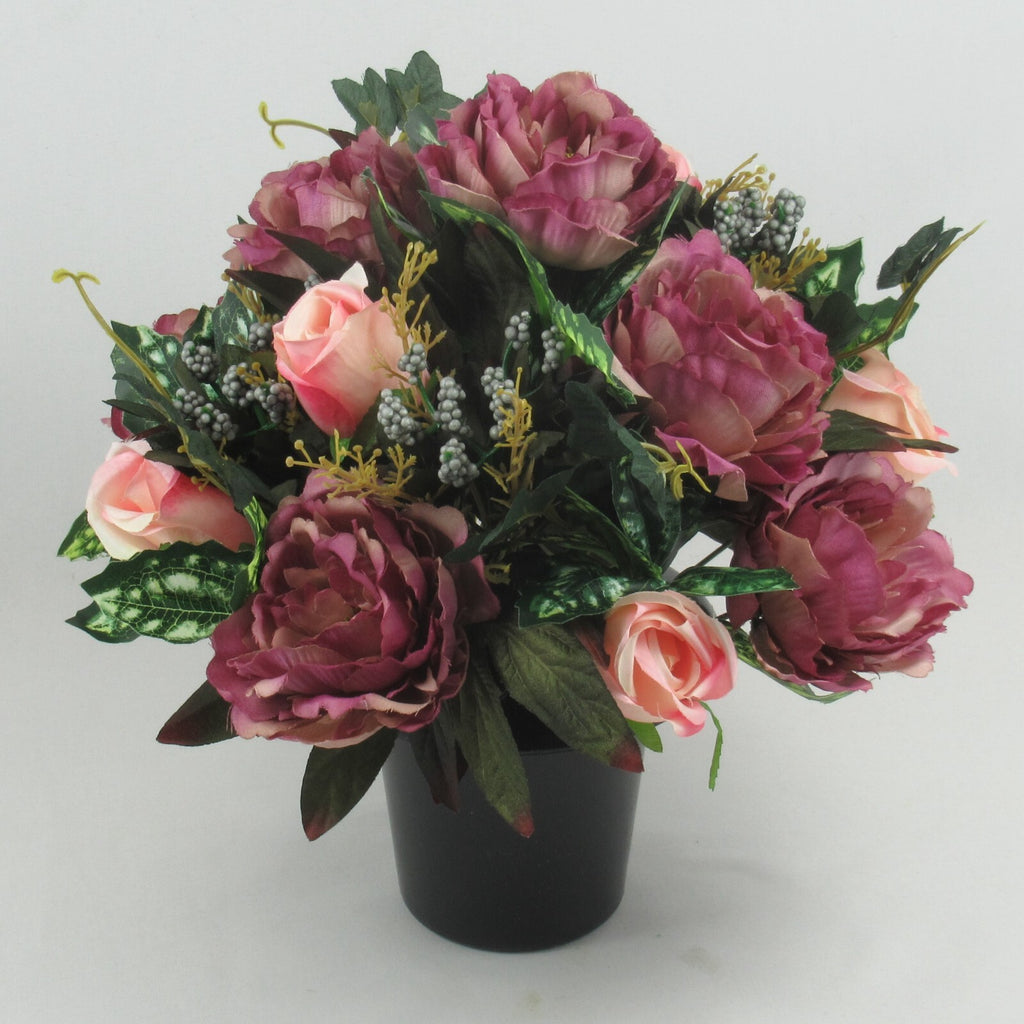 Artificial Grave Flower Arrangement with  peonies and pink rosebuds 26cm