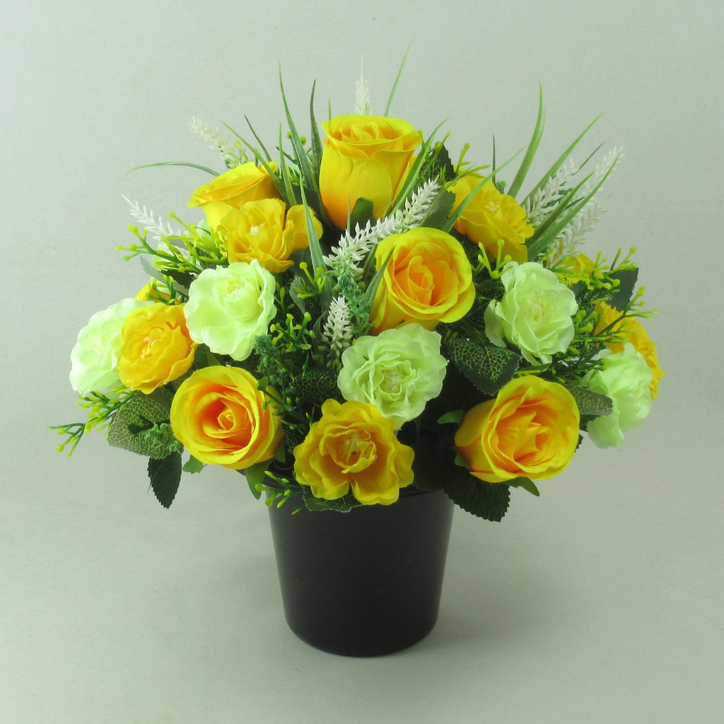 Artificial silk flowers memorial Grave arrangement Yellow Rosebuds Long Lasting