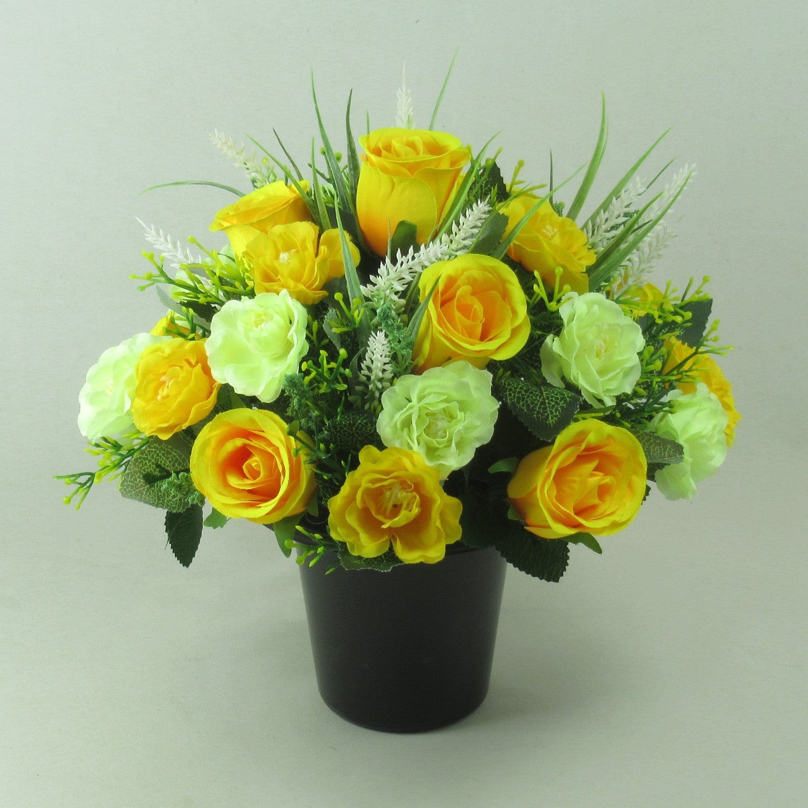 Artificial silk flowers memorial Grave arrangement Yellow Rosebuds Long Lasting