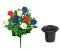 Red, white, and blue artificial rosebud bouquet with black gravepot base