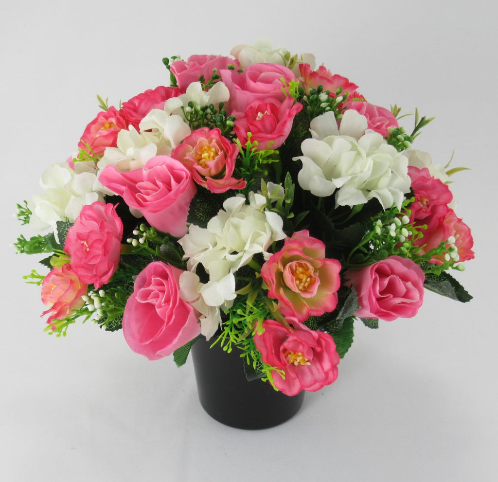 Artificial pink rose & white hydrangea bouquet in black pot
