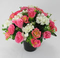 Artificial pink rose & white hydrangea bouquet in black pot