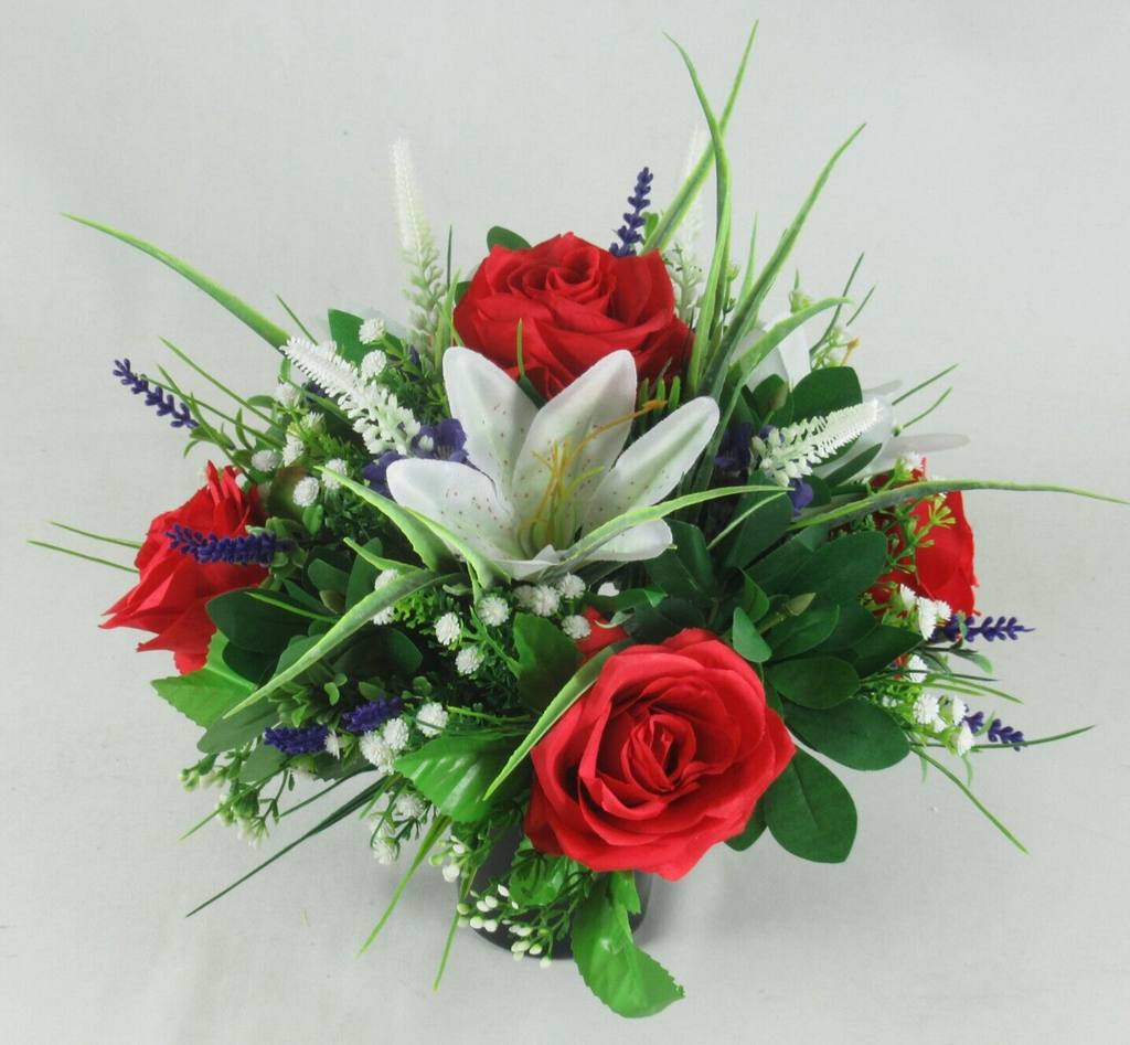 Artificial flower urn centerpiece with red roses, white lily, blue lavender and greenery