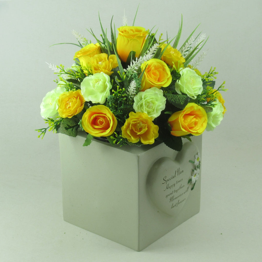Artificial silk flowers memorial Grave arrangement Yellow Rosebuds Long Lasting