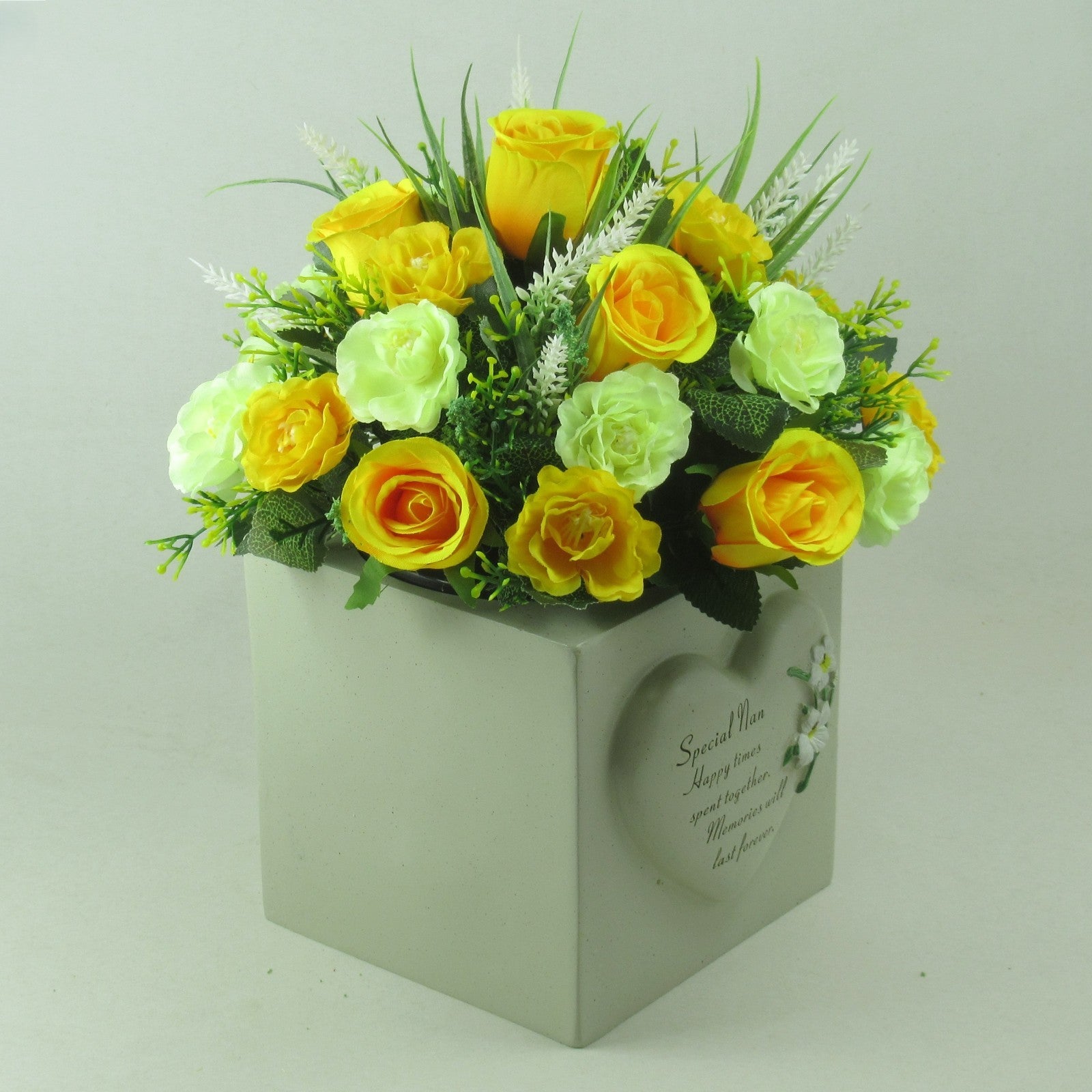Artificial silk flowers memorial Grave arrangement Yellow Rosebuds Long Lasting