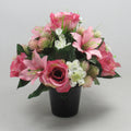Artificial Grave Flower Arrangement in Pot Pink rose lily 26cm Long Lasting