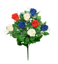 Artificial red, white, and blue rosebud bouquet with green leaves and white gypsophila