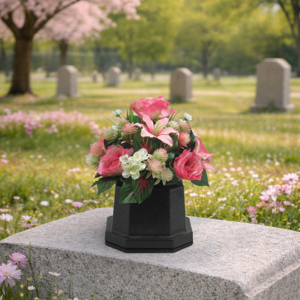 Artificial Grave Flower Arrangement in Pot Pink rose lily 26cm Long Lasting