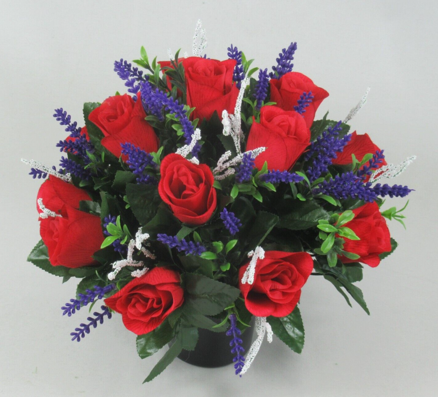 Artificial silk grave flower pot with red roses, purple lavender sprigs, and white beaded stems