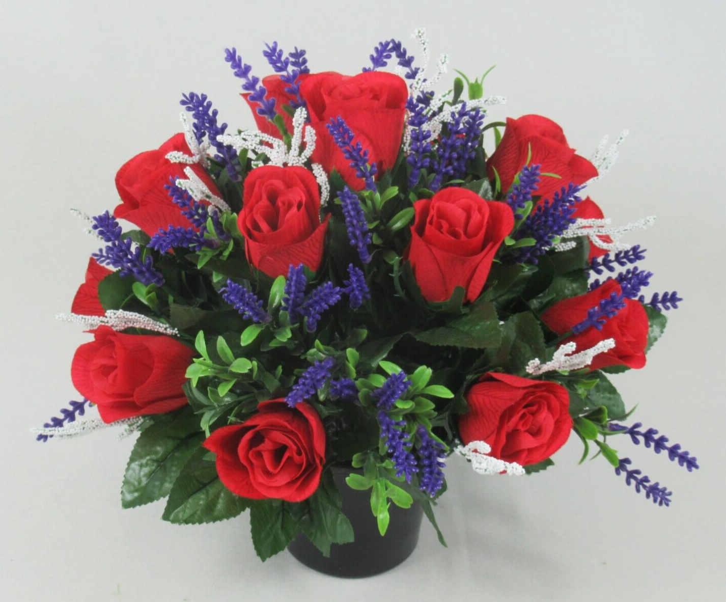 Side view red rose artificial grave pot flowers with purple sprigs and white sparkle accents