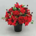 Christmas grave flower arrangement - red poinsettias, rose, carnations 24cm