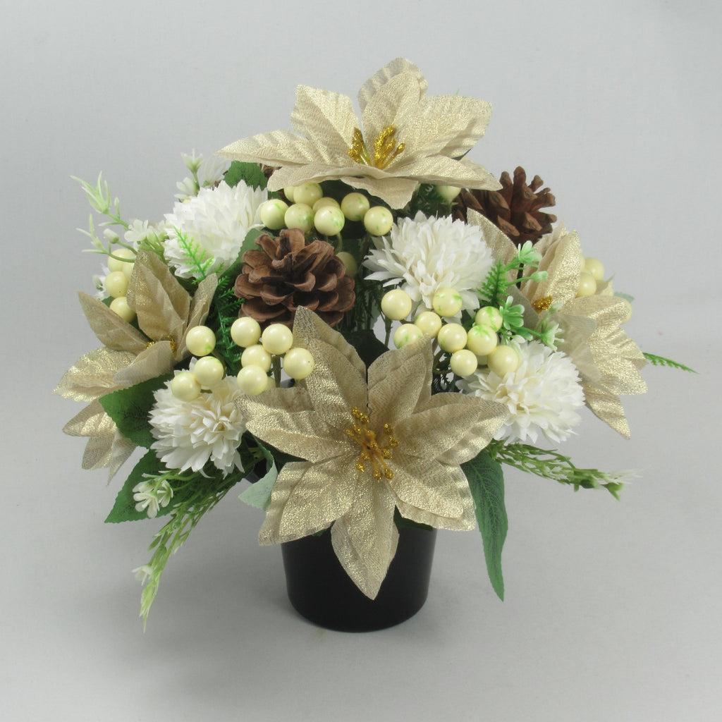 Christmas grave flower arrangement 25cm gold poinsettia snowball chrysanthemum