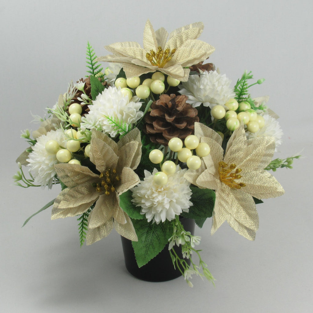 Christmas grave flower arrangement 25cm gold poinsettia snowball chrysanthemum