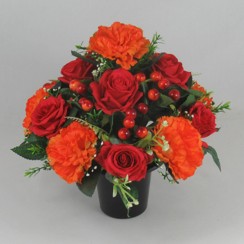 Artificial flowers in Grave pot, 26cm, in warm autumn shades HANDMADE
