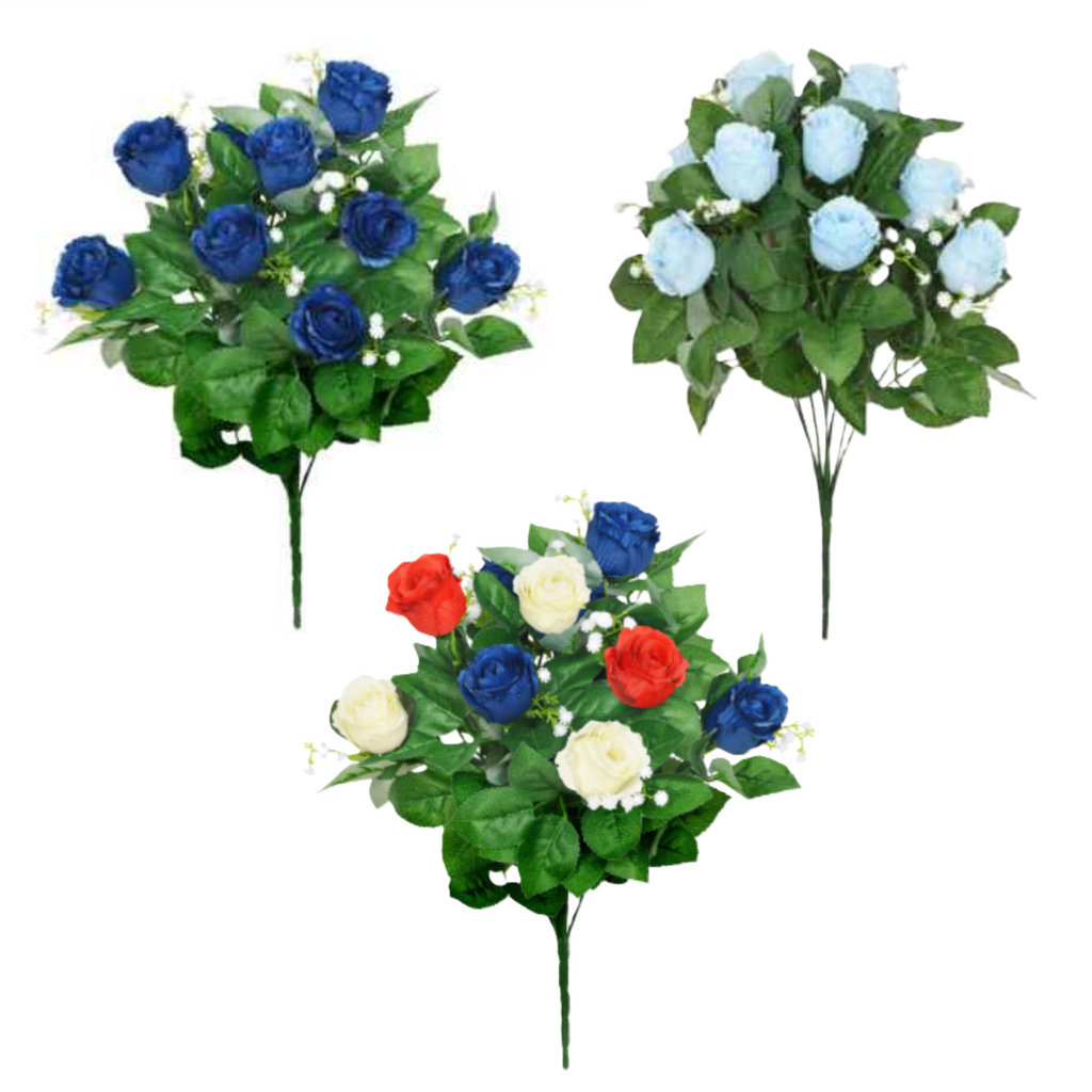 Artificial rosebud bouquet, royal blue blooms with white gypsophila and green foliage