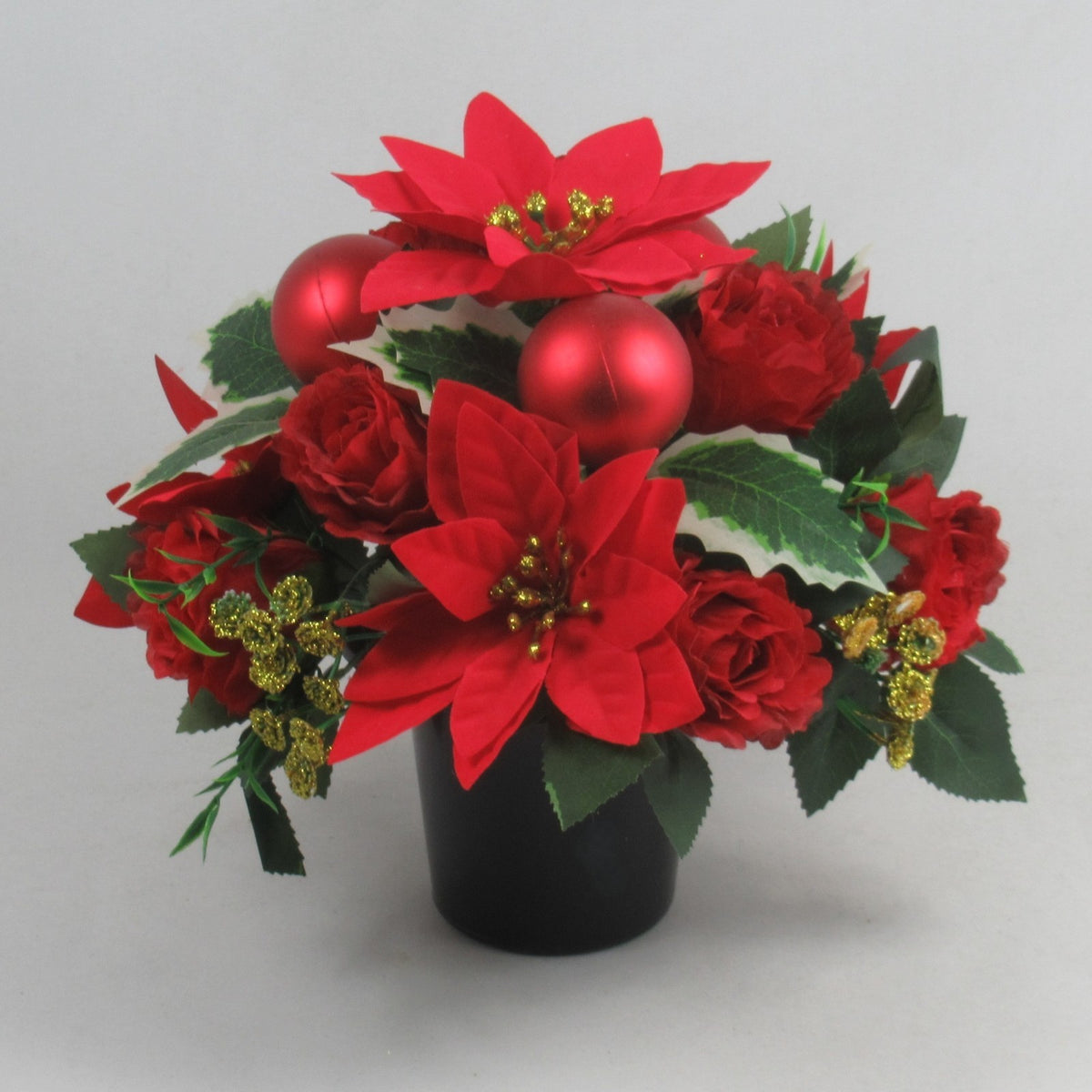 Christmas grave flower arrangement - red poinsettias, baubles 25cm