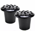 Set of two black grave pots with round lids and multiple vent holes