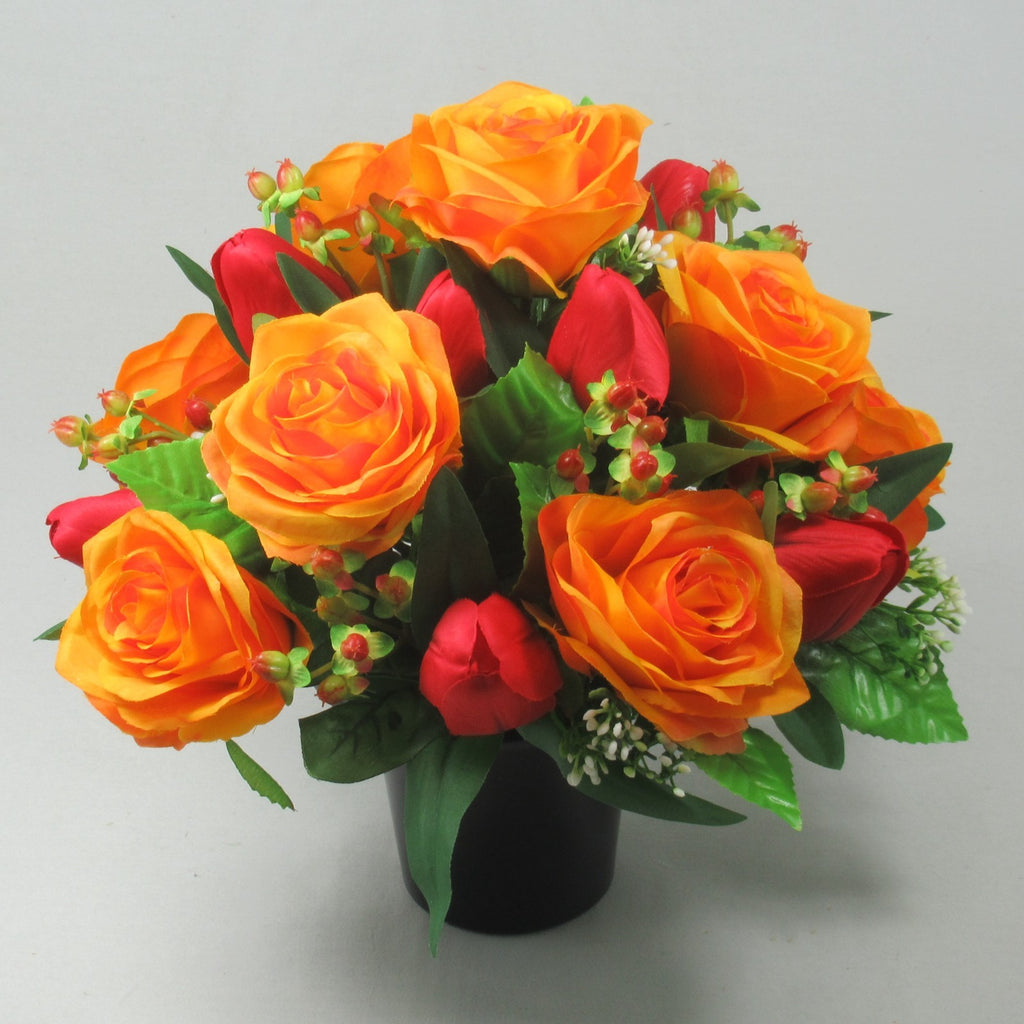 Autumn Artificial flowers memorial crempot grave arrangement Roses Hypericum