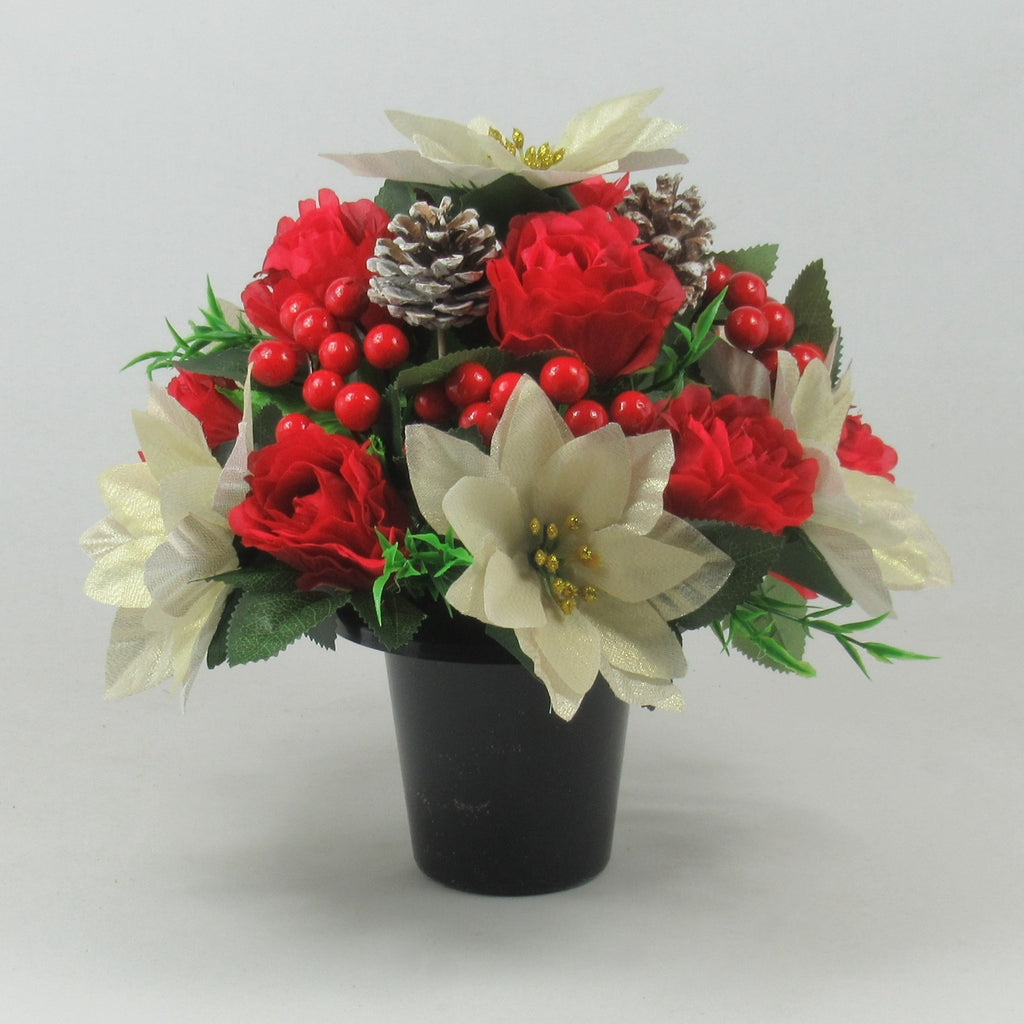 Christmas grave flower arrangement - gold poinsettias, roses, pinecones 26cm