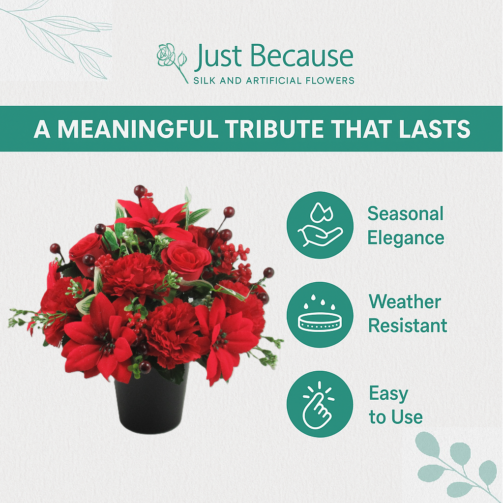 Christmas grave flower arrangement - red poinsettias, rose, carnations 24cm