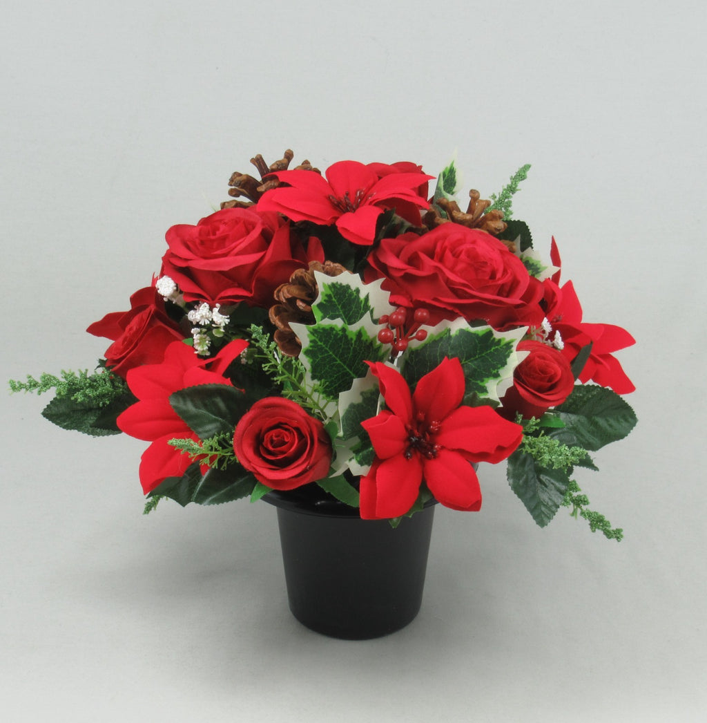 Christmas grave flower arrangement 26cm red poinsettia holly pinecones